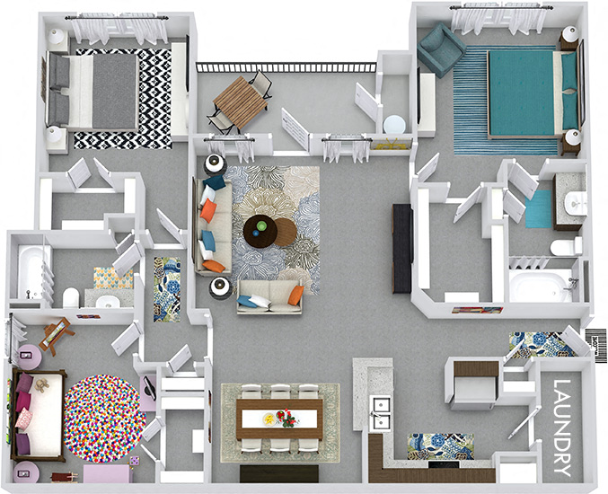 Floor plan for 3 beds, 2 baths, 1375 sqft